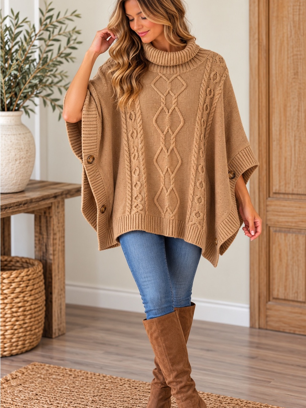 GAP Turtleneck Cable-Knit Poncho Sweater - Camel Quiet Luxury Earthy M/L